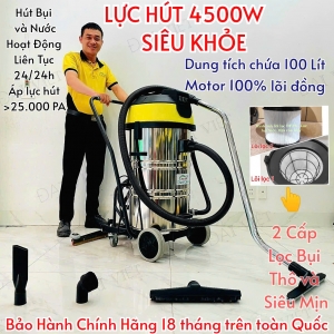 Máy Hút Bụi Nước Công Nghiệp Đẩy Tay,100 Lít 4500W DV3-100JP- [2 Lõi Lọc]- 2 Chế Độ Hút Kéo và Đẩy, Phù hợp diện tích trên 5000m2